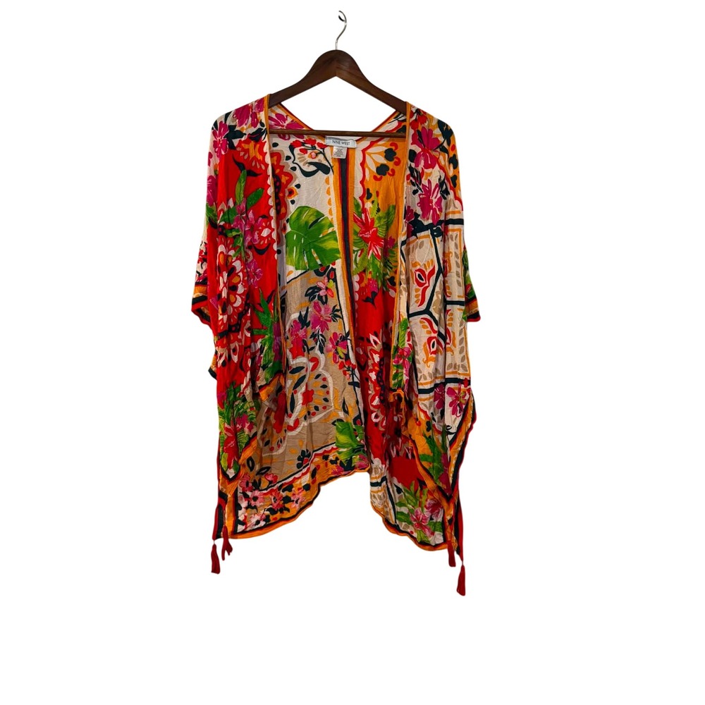 Nine West Kimono Wrap Womens OS Multicolor Excellent Tropical Floral Tassel Boho